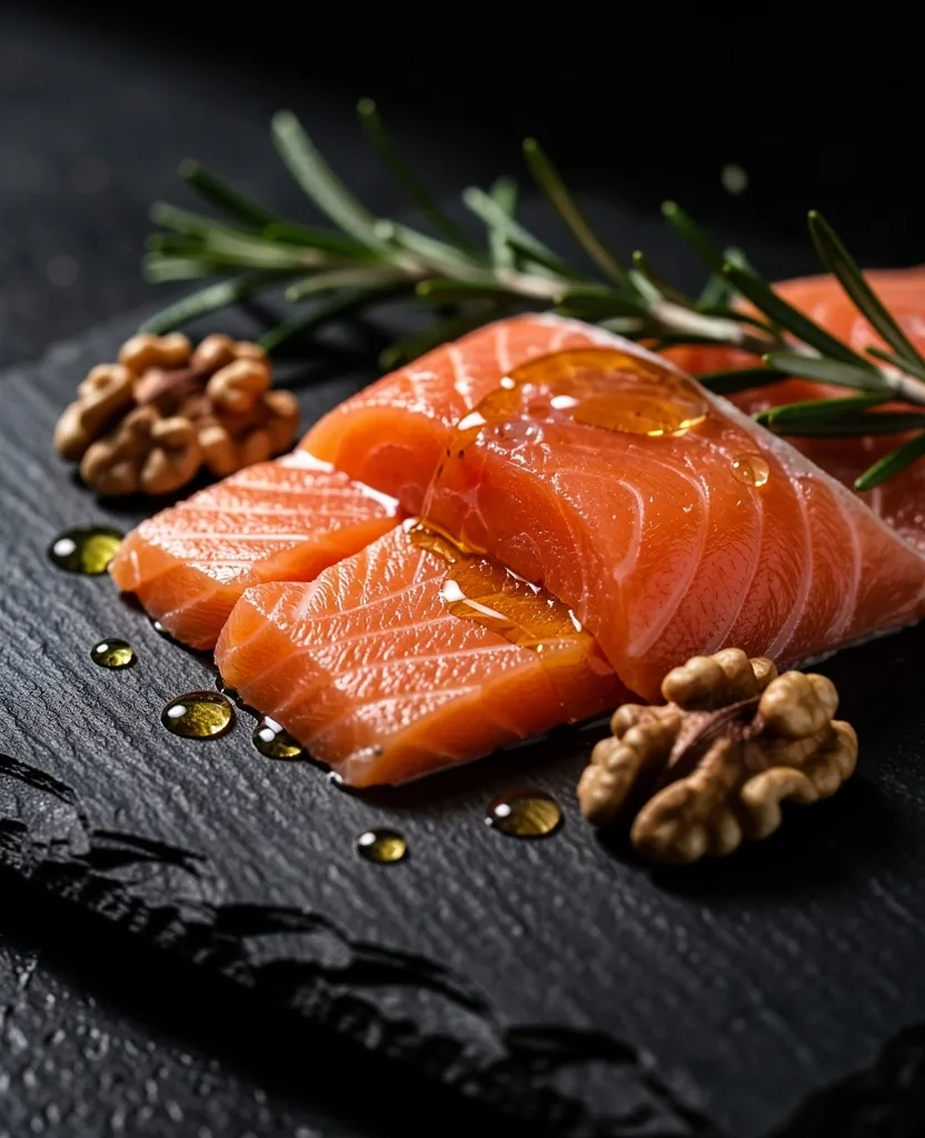 Omega-3 rich foods arranged on dark plate