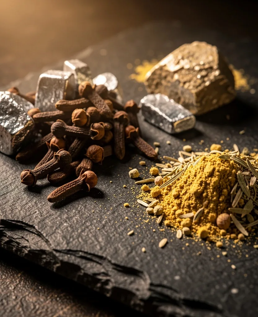 Natural supplement ingredients arranged on dark surface
